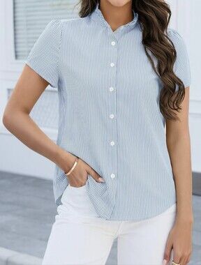 NWT Funlingo Blue & White Striped Button Down - Large
